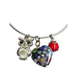 Silvertone Charm Bracelet Art Glass Heart Rhinestone Owl Enamel Ladybug